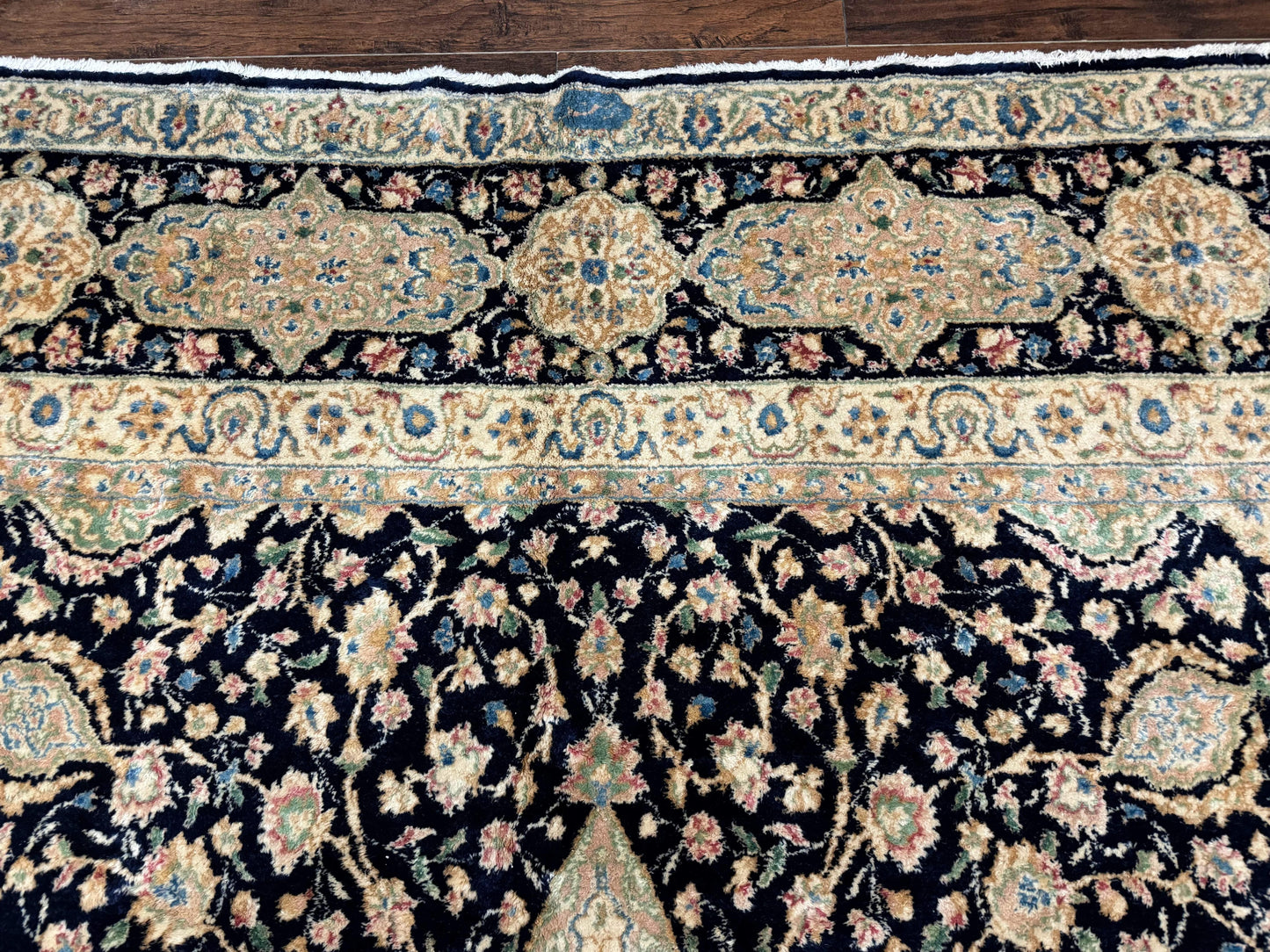 Large Persian Kerman Rug 10x14, Navy Blue and Beige, Floral Medallion, Traditional Elegant Persian Carpet, Signed by Masterweaver - Nuvé