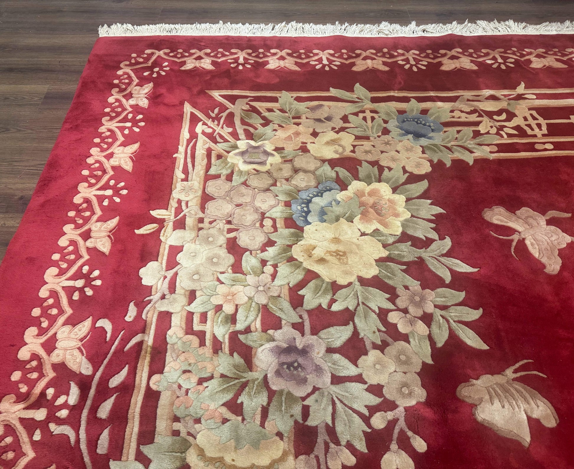 Palace Size Chinese Wool Rug 12x18, Red Art Deco Chinese Carving Carpet, Butterflies Flowers - Nuvé