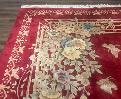 Palace Size Chinese Wool Rug 12x18, Red Art Deco Chinese Carving Carpet, Butterflies Flowers - Nuvé