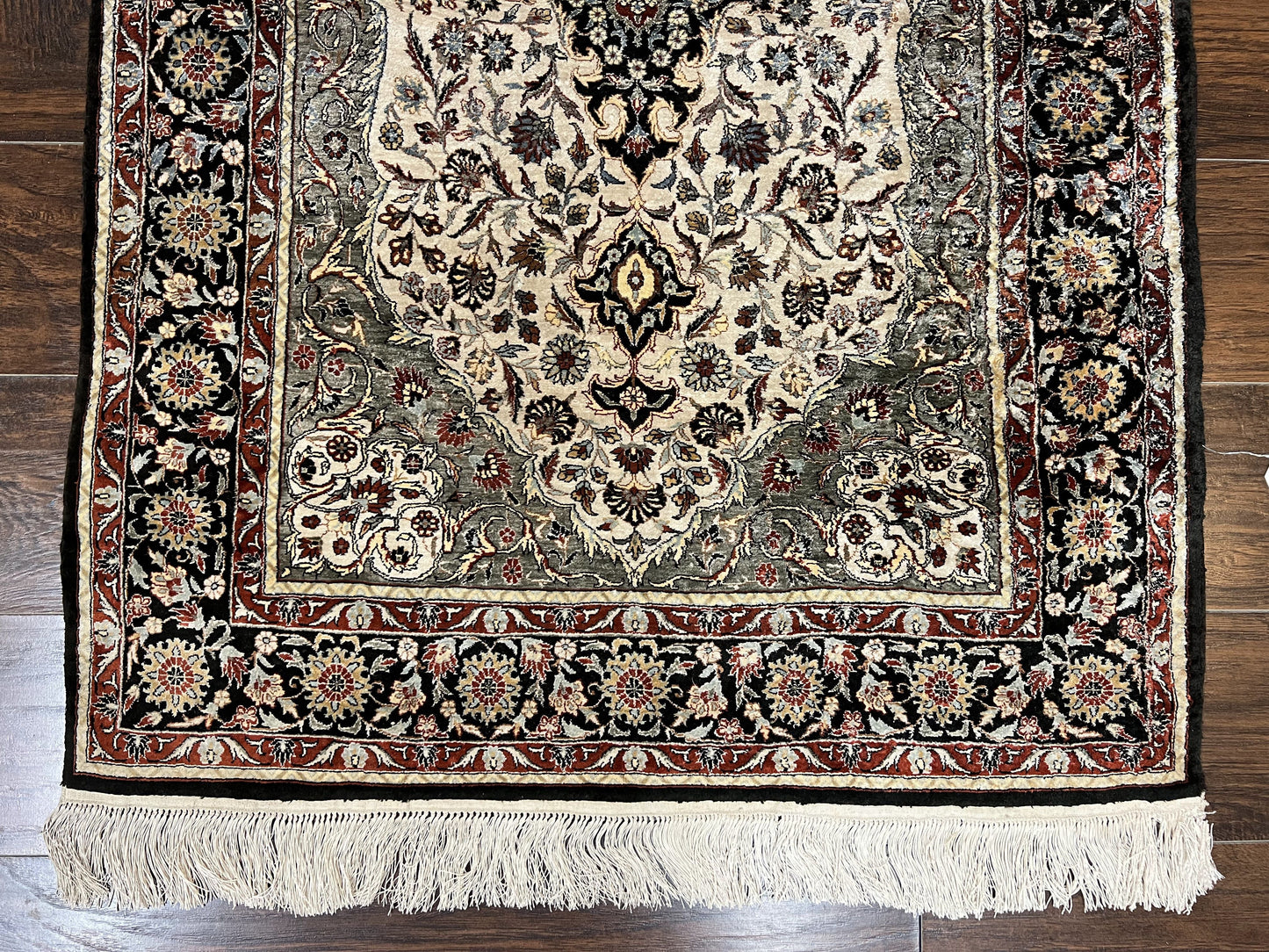 Silk Sino Persian Rug 3x5, Floral Medallion, Hand Knotted Silk Pile Silk Foundation, Traditional Silk Handmade Oriental Carpet, Cream Black - Nuvé