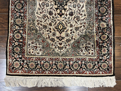 Silk Sino Persian Rug 3x5, Floral Medallion, Hand Knotted Silk Pile Silk Foundation, Traditional Silk Handmade Oriental Carpet, Cream Black - Nuvé