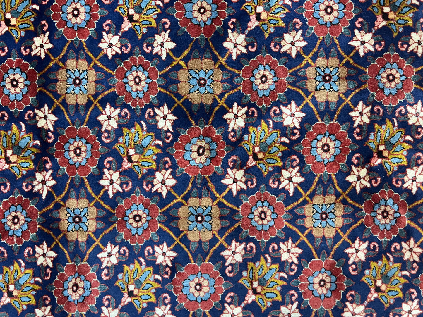 Persian Veramin Rug 7x11, Repeated Allover Pattern, Handmade Vintage Carpet, Navy Blue - Nuvé