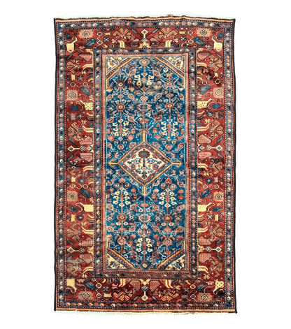 Antique Persian Rug 4x7, Blue and Red Malayer Carpet, Rare