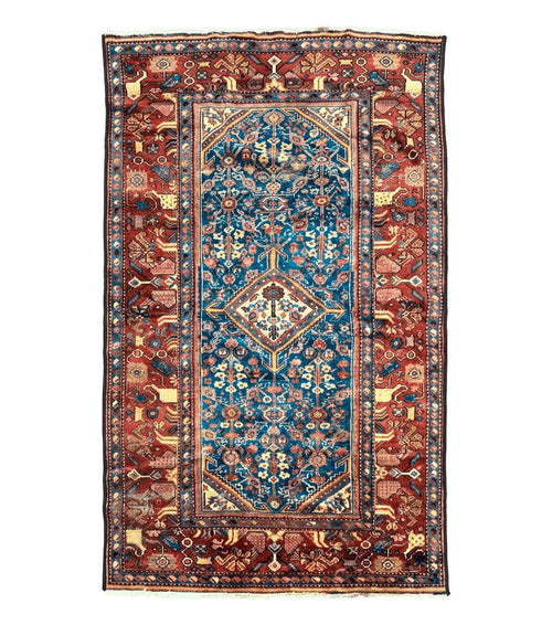 Antique Persian Rug 4x7, Blue and Red Malayer Carpet, Rare