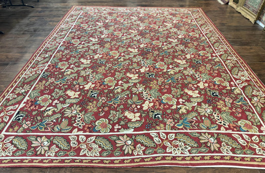 Indian Hand Stitched Rug 8x10, Large Vintage Floral Handmade Carpet, Dark Red Multicolor - Nuvé