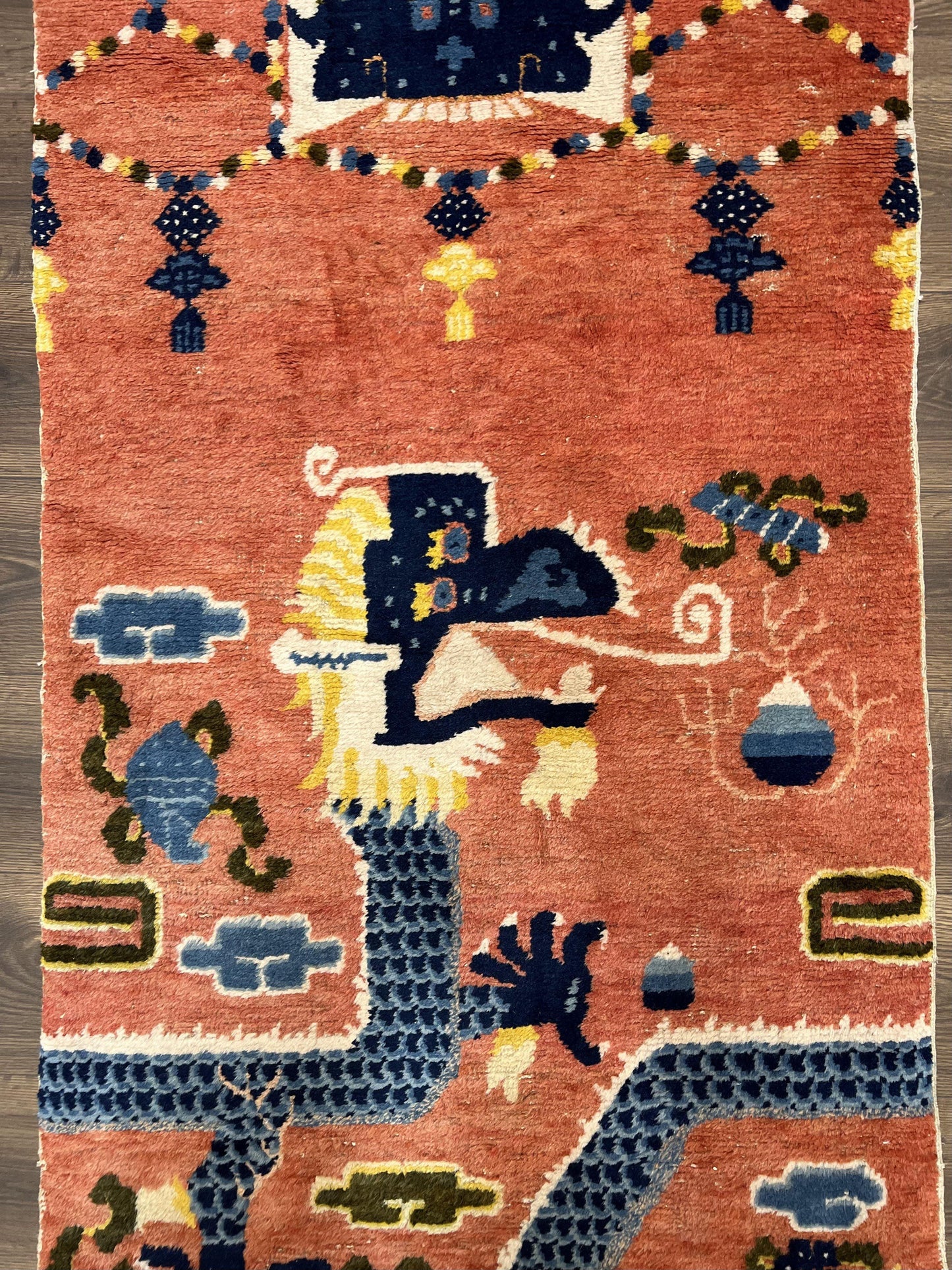 Rare Chinese Ningxia Pillar Rug 3x8, Late Qing Dynasty, 5 Clawed Dragon, Cloud Rainbow Border, Collectible Antique Carpet, Wool Hand Knotted - Nuvé