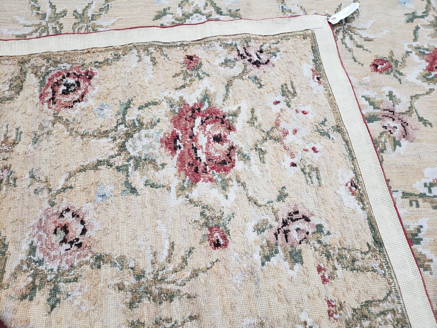 Needlepoint Rug 10x14 Wool Flatweave Carpet, English Floral Pattern, Pale Yellow, Roses, Allover Pattern, Handmade Large Needlepoint Nice