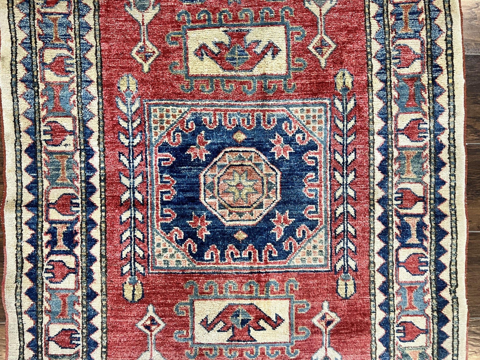 Turkish Kazak Rug 3x4, Wool Hand Knotted Small Vintage Carpet, Red Navy Blue, 3 x 4 Oriental Rug, Geometric Design - Nuvé