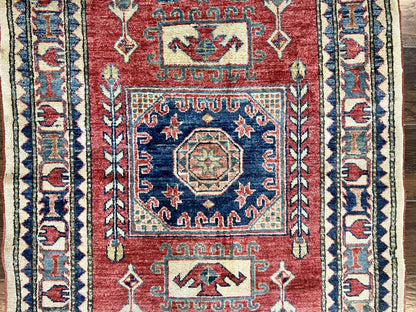 Turkish Kazak Rug 3x4, Wool Hand Knotted Small Vintage Carpet, Red Navy Blue, 3 x 4 Oriental Rug, Geometric Design - Nuvé