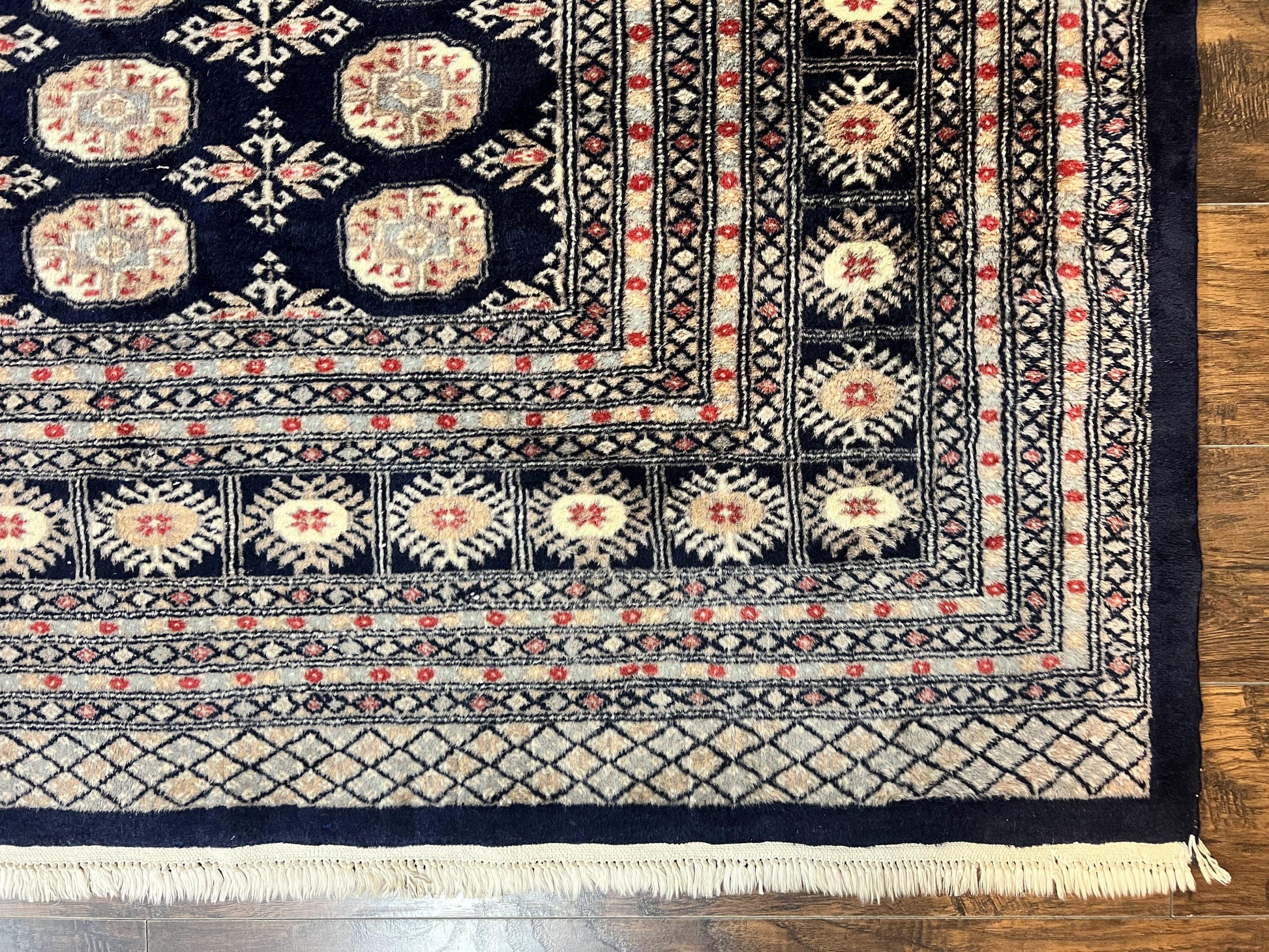 Pakistani Bokhara Rug 8x10, Turkoman Carpet, Dark Blue and Beige, Vintage Handmade Wool Carpet - Nuvé