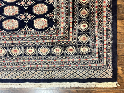 Pakistani Bokhara Rug 8x10, Turkoman Carpet, Dark Blue and Beige, Vintage Handmade Wool Carpet - Nuvé