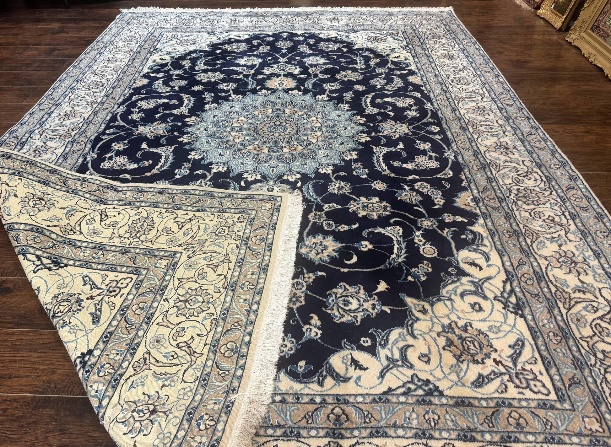 Persian Nain Rug 8x11, Navy Blue and Ivory, Handmade Wool Vintage Carpet, Floral Medallion - Nuvé