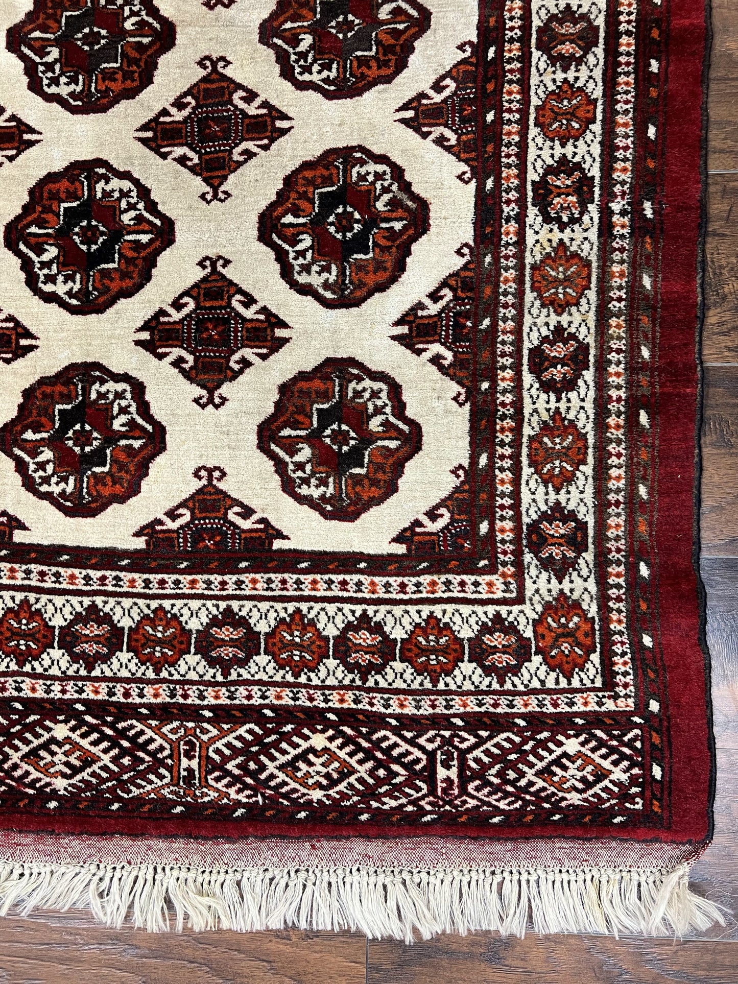 Persian Turkoman Rug 7x8, Almost Square Rare, Hand Knotted, Yamud, Bohemian Rug, Handmade Tribal Rug, Cream Red, Handmade Oriental Carpet