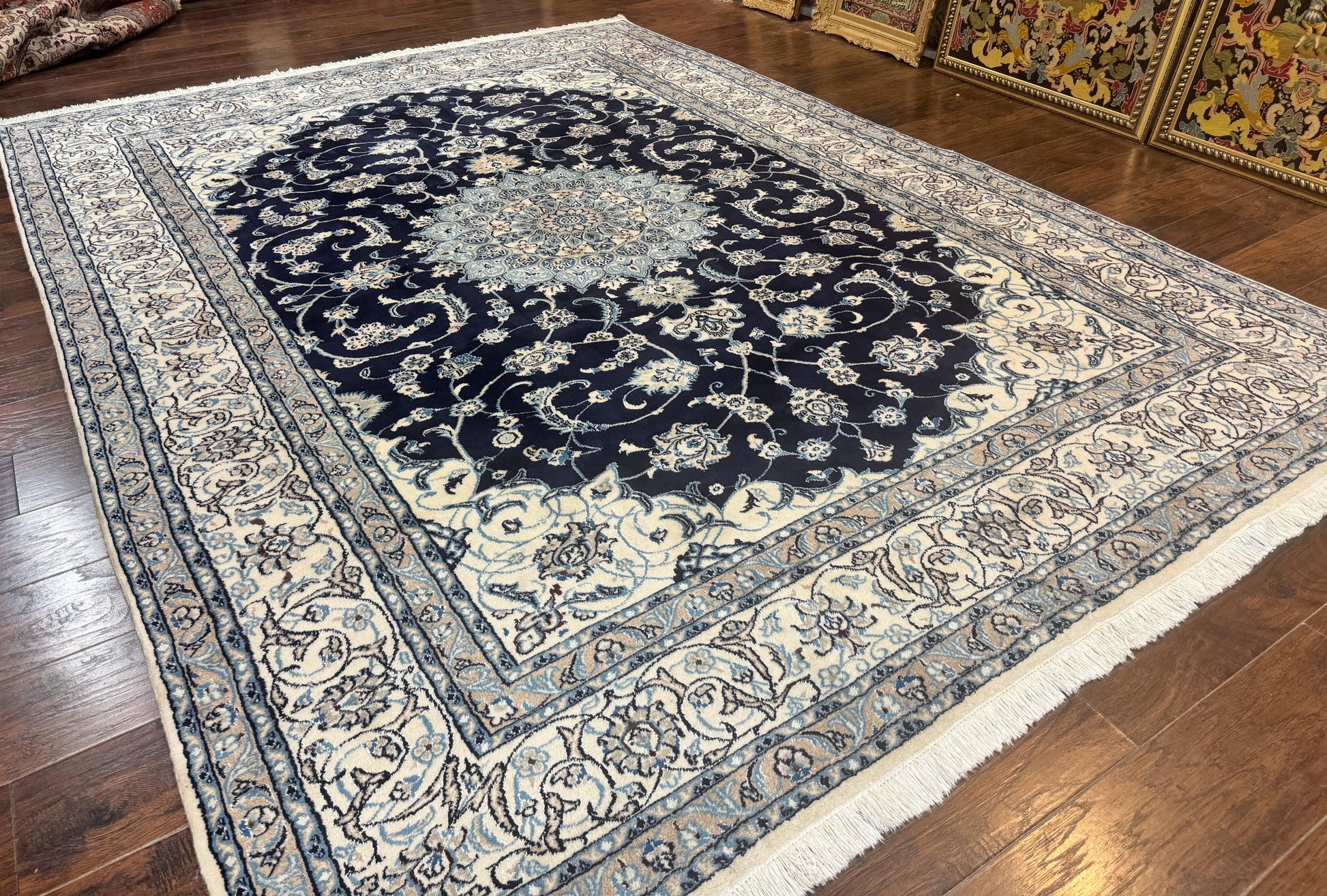 Persian Nain Rug 8x11, Navy Blue and Ivory, Handmade Wool Vintage Carpet, Floral Medallion - Nuvé