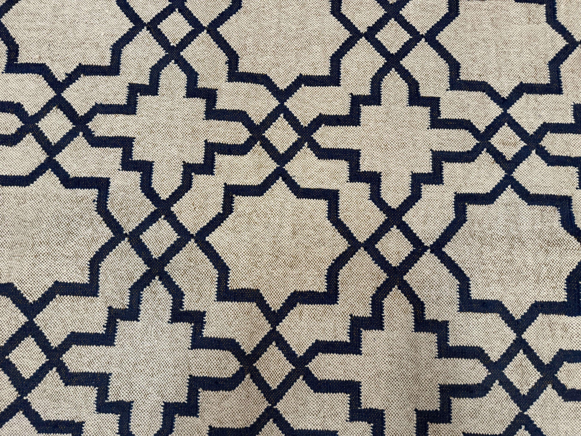Indian Kilim Rug 8x10, Oat and Navy Blue, Dhurrie Carpet, Handmade, Wool - Nuvé