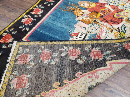 Antique Persian Pictorial Rug 4'6" x 9', Wool Hand-Knotted Blue Roses Karabagh Caucasian Carpet, 1920s Girl Deer Tapestry Wall Hanging Rug - Nuvé