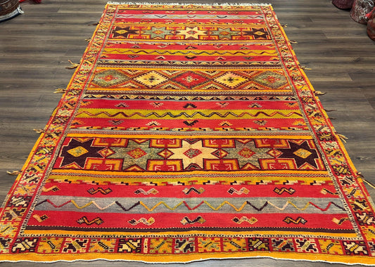 Unique Moroccan Rug 7x10, Room Sized Carpet, Red Orange Gray, Wool Oriental Striped Geometric Tribal Boho Rug, Flatweave with Raised Pile - Nuvé