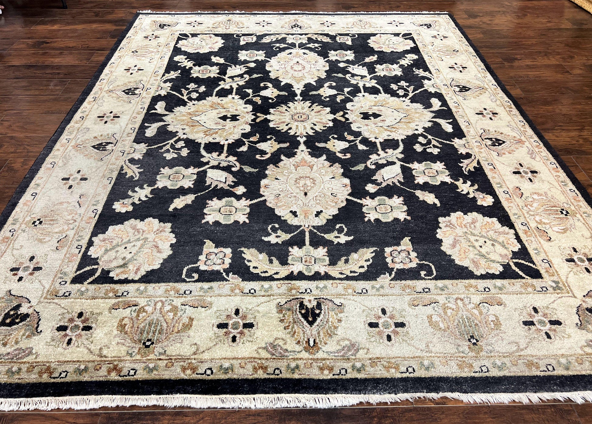 Indo Mahal Rug 8x10, Black and Beige, Vintage Rug 8 x 10 ft, Floral, Handmade Wool Carpet - Nuvé