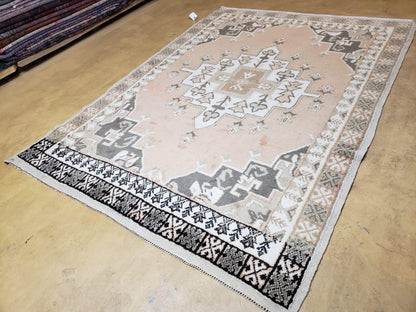 Antique Moroccan Rug 5x7 Tribal Carpet, Hand-Knotted Soft Wool Pile, 5 x 7 Area Rug, Berber Rug, Geometric Open Field Medallion, Pink Ivory