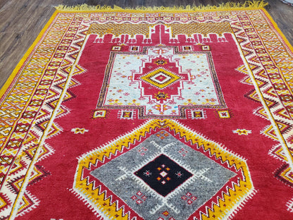 Vintage Moroccan Rug 6x10, Red and Yellow Moroccan Carpet, Handmade Bohemian Tribal Area Rug, Hand-Knotted 1970s Wool Rug, Medalions - Nuvé