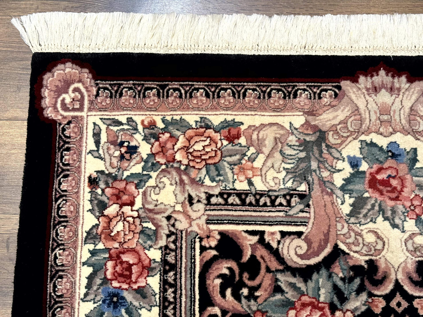 Aubusson Rug 4x6, Elegant European Floral Design, Black and Ivory, Fine 200 KPSI - Nuvé