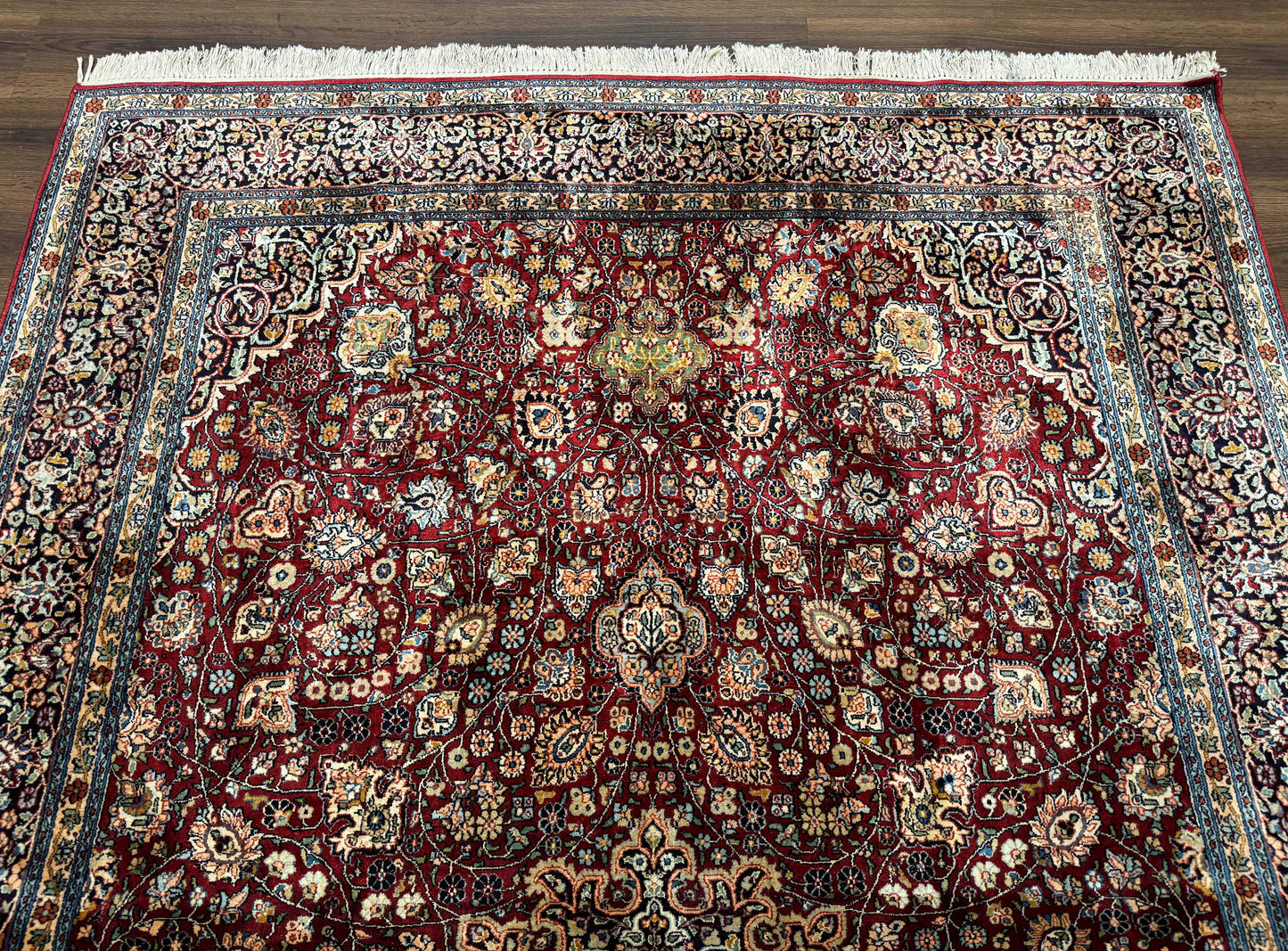 Indian Kashmiri Silk Rug 6x9, Red and Navy Blue, Floral Medallion, Fine 275 KPSI - Nuvé