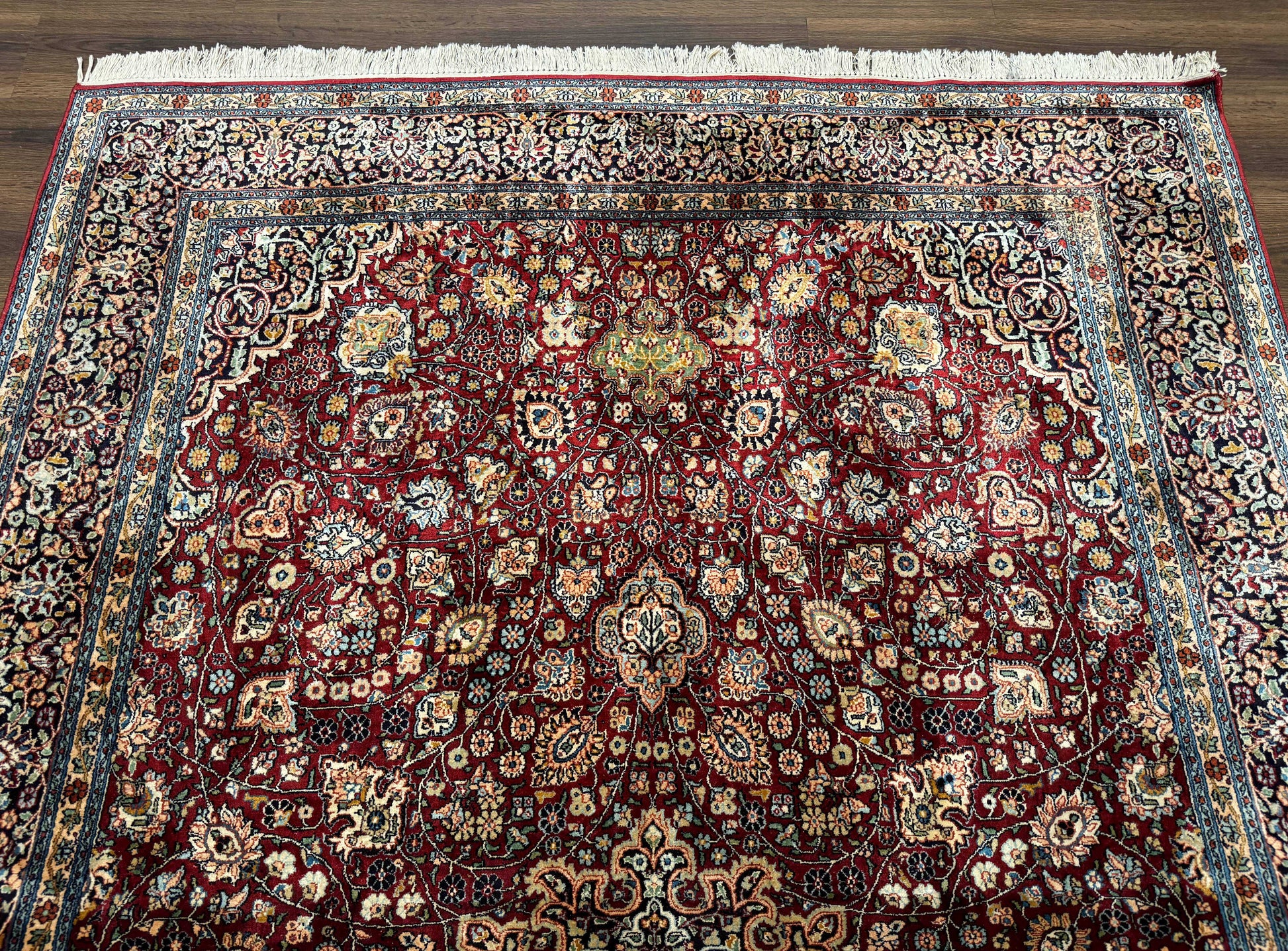 Indian Kashmiri Silk Rug 6x9, Red and Navy Blue, Floral Medallion, Fine 275 KPSI - Nuvé