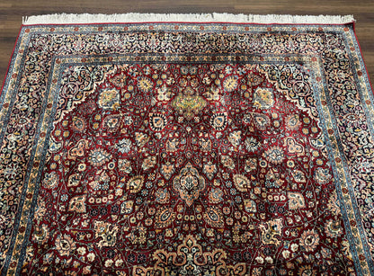 Indian Kashmiri Silk Rug 6x9, Red and Navy Blue, Floral Medallion, Fine 275 KPSI - Nuvé