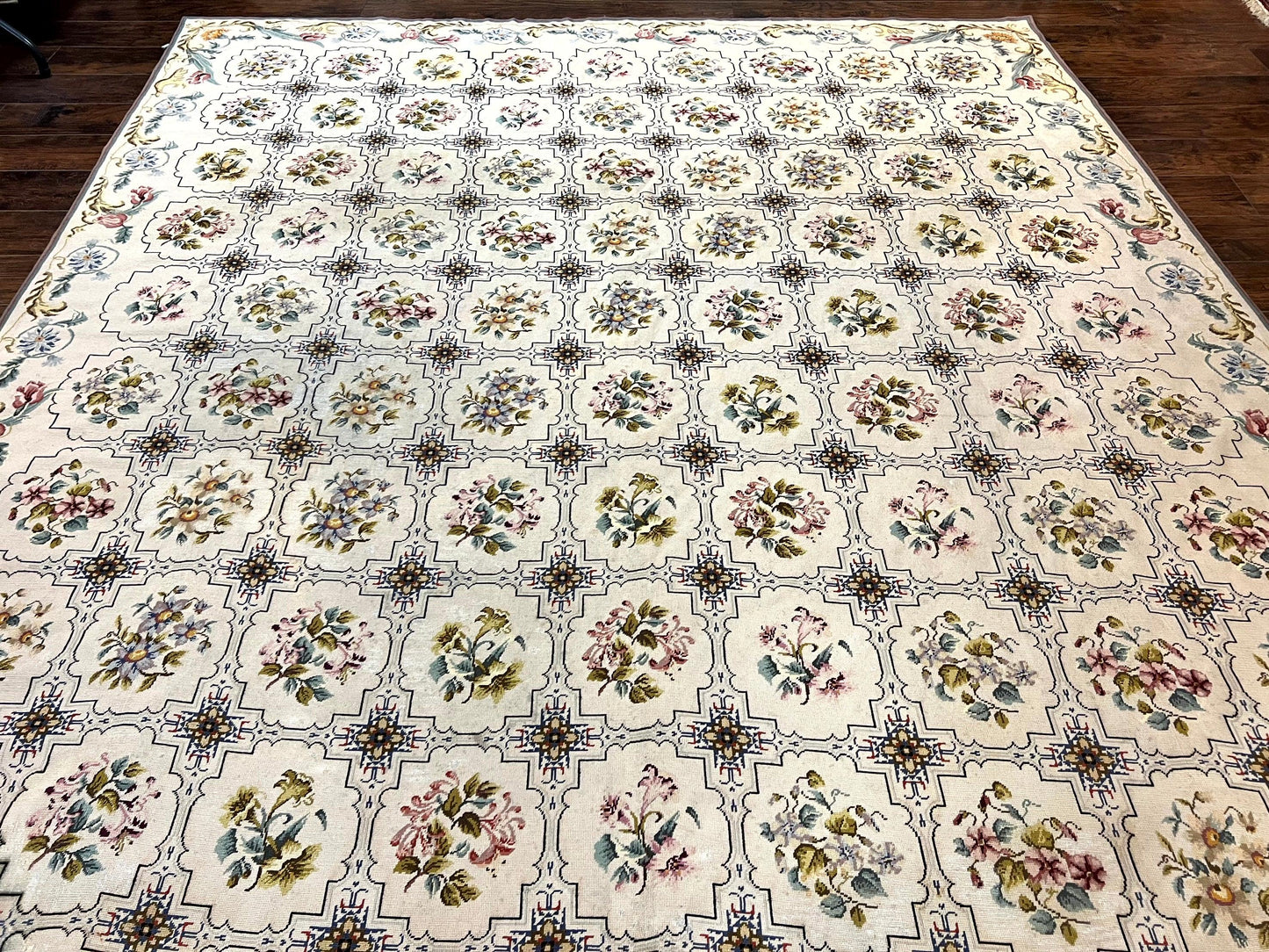 Needlepoint Rug 10x14, Wool Handmade Vintage Needlepoint Carpet, Floral Panel Design, Ivory/Cream - Nuvé