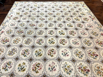 Needlepoint Rug 10x14, Wool Handmade Vintage Needlepoint Carpet, Floral Panel Design, Ivory/Cream - Nuvé