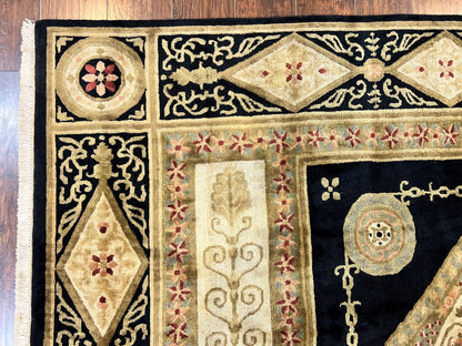 Tibetan Rug 8x10, Nepali Area Rug, Soft New Zealand Wool Carpet 8 x 10 ft, Black Tan Beige, Vintage Handmade Rug, French Aubusson Pattern - Nuvé