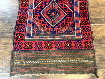 Turkoman Runner Rug 2 x 8.6, Skinny Runner, Handmade Wool Carpet for Hallway, Red and Blue, Wool, Vintage 8ft Runner - Nuvé