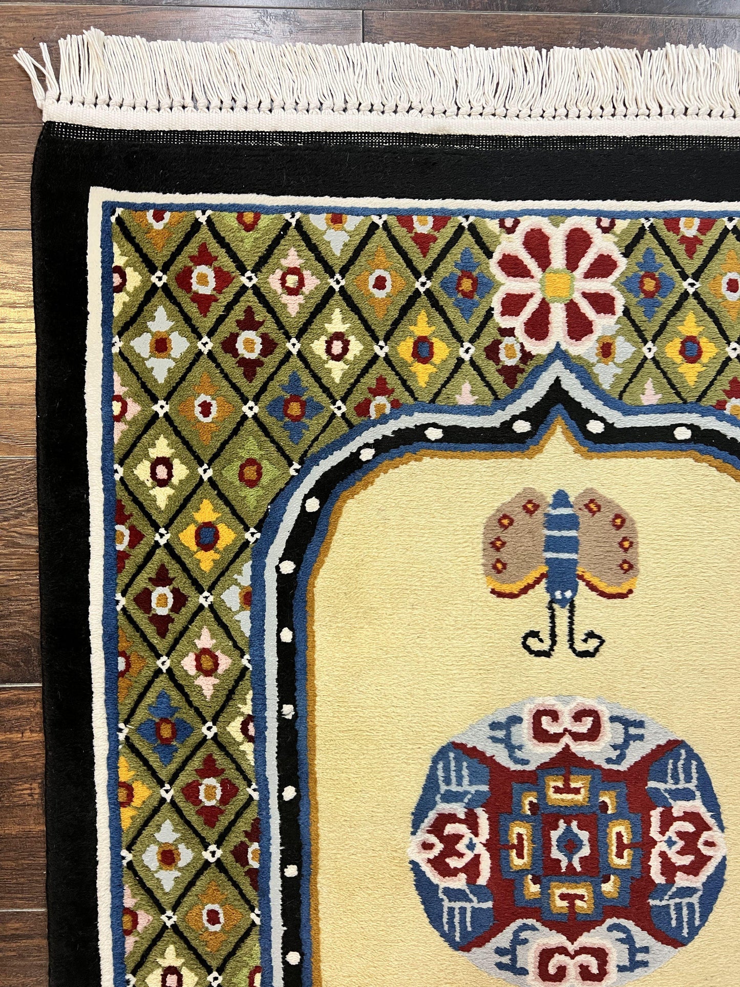 Chinese Rug 3x6 ft, Chinese Wool Rug, Tiensin Rug, Handmade Wool 3 x 6 Vintage Peking Rug, Art Deco Rug, Butterflies - Nuvé