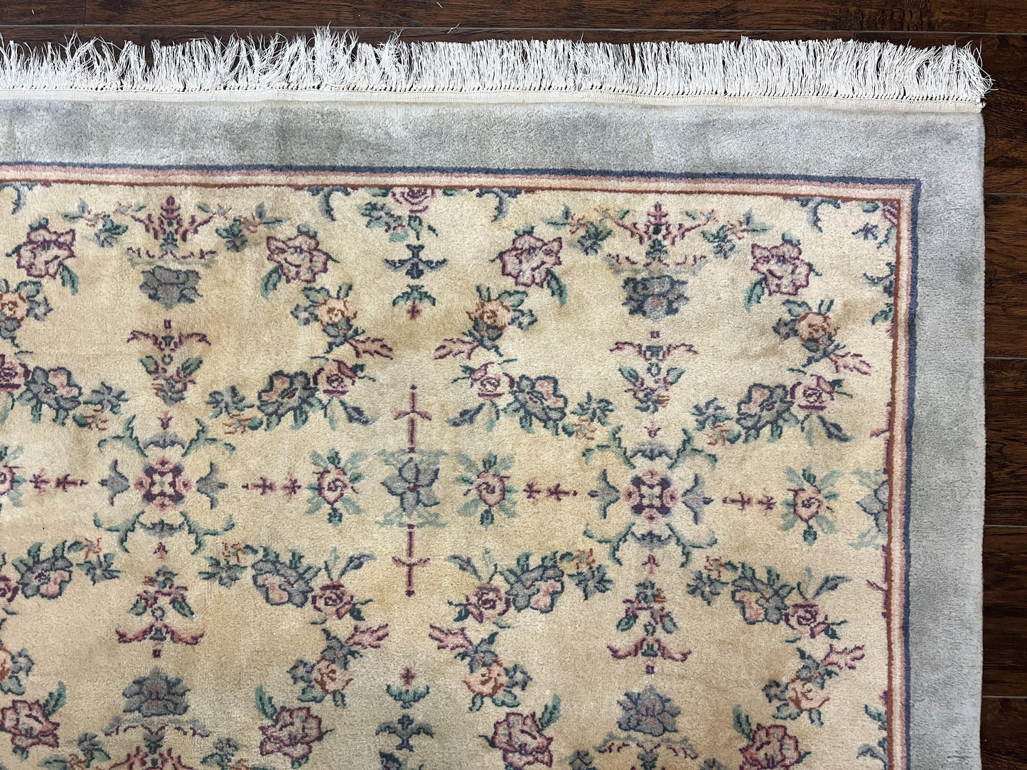 Sino Persian Rug 8x10, Floral, Oatmeal and Light Teal, Handmade Wool Vintage Carpet - Nuvé