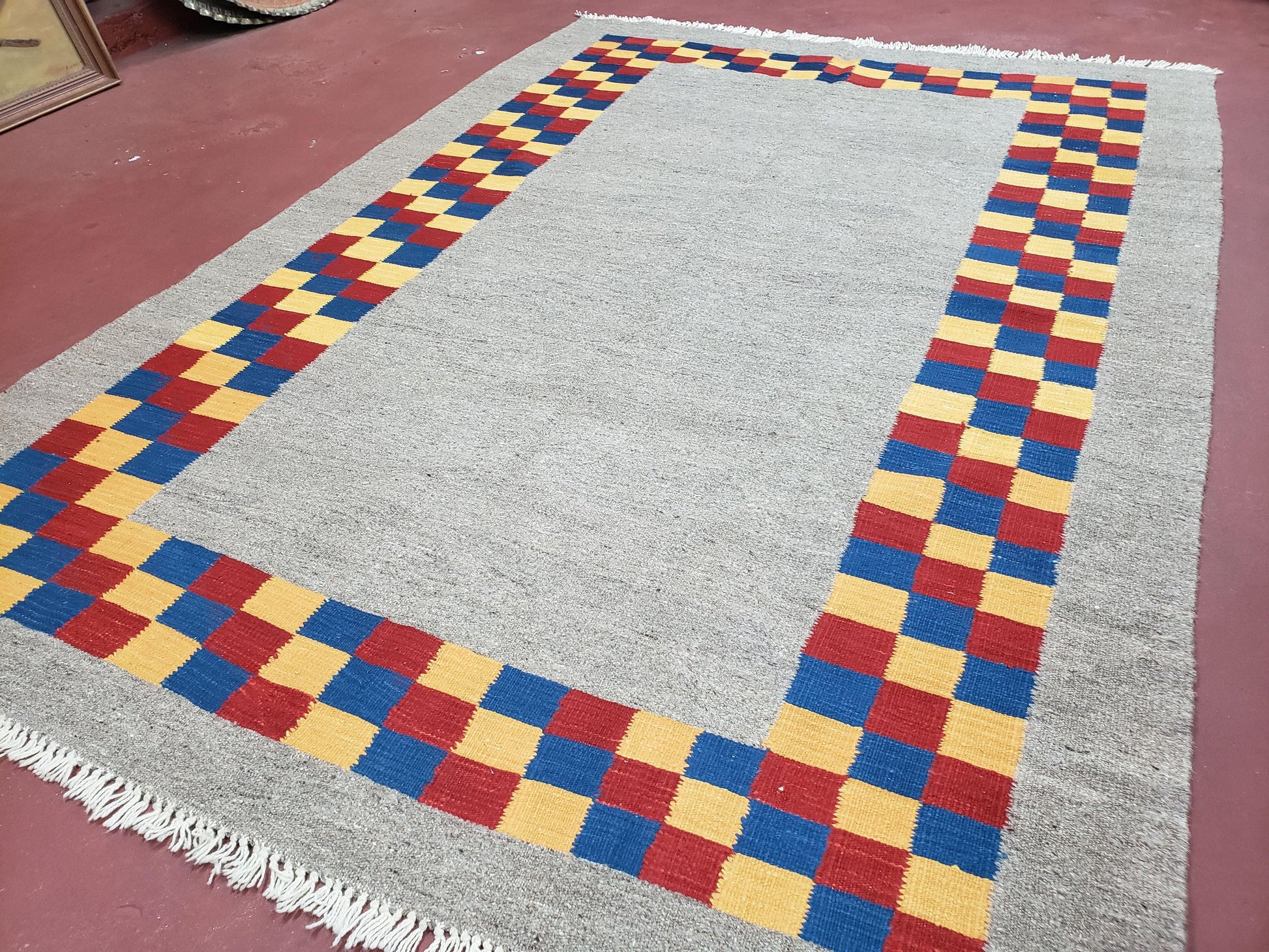 New Turkish Kilim Area Rug, Gray Carpet With Colorful Checker Border, 5'6" x 8", Flatweave Carpet, Playroom Rug, Kids Room Rug, Hand-Knotted - Nuvé
