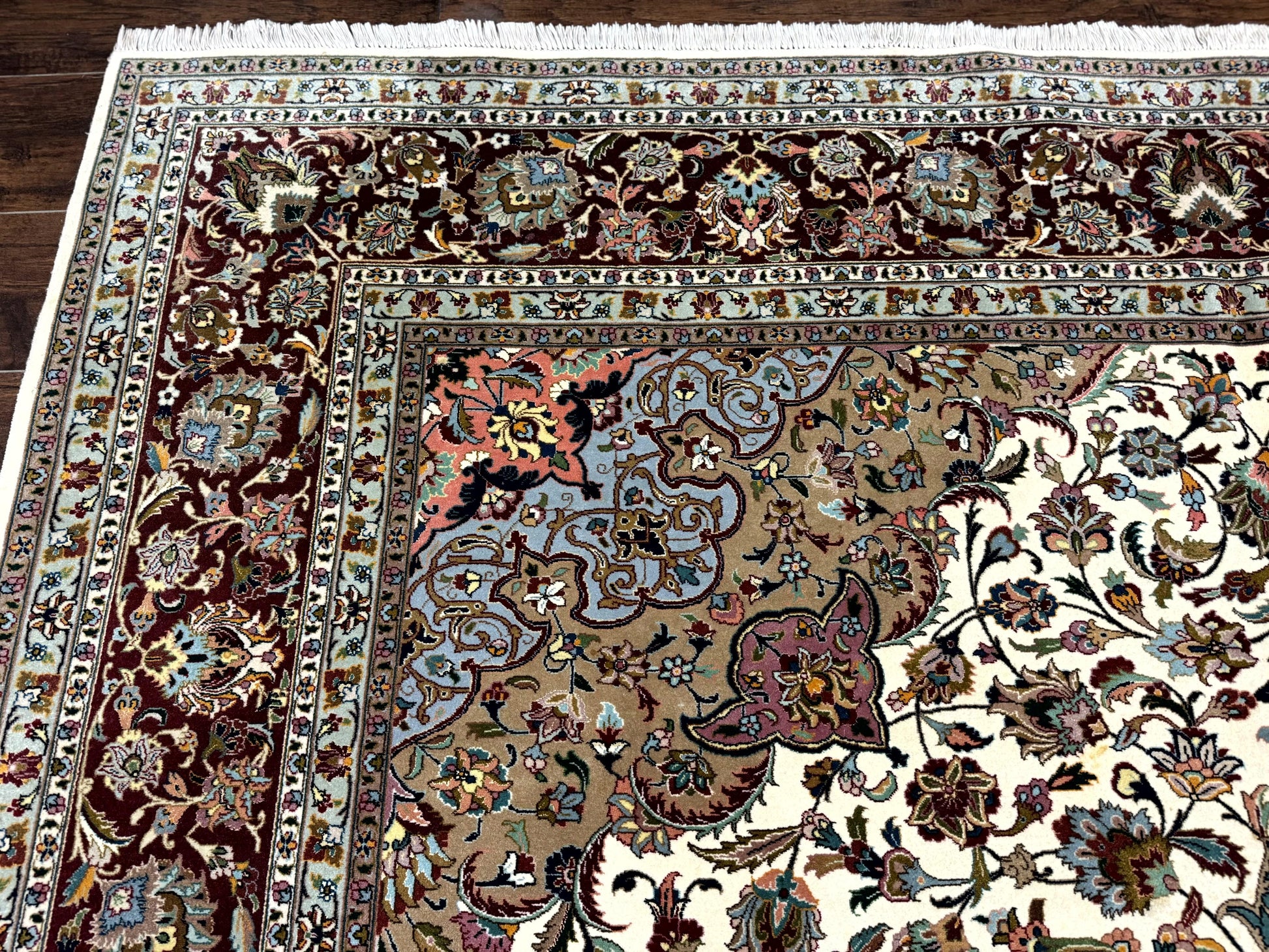 Persian Tabriz Rug 8x11, Floral Medallion Traditional Area Rug, Fine 300 KPSI, Ivory Maroon - Nuvé