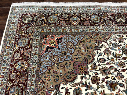 Persian Tabriz Rug 8x11, Floral Medallion Traditional Area Rug, Fine 300 KPSI, Ivory Maroon - Nuvé