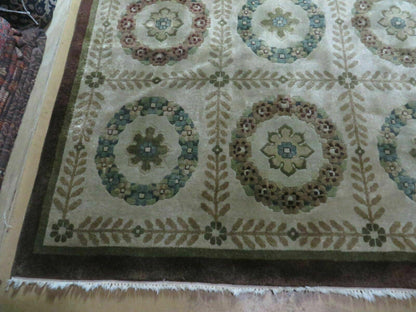 9' X 12' Modern Handmade Indo Lahore Wool Rug Art Deco Olive Ivory Nice Wow - Nuvé
