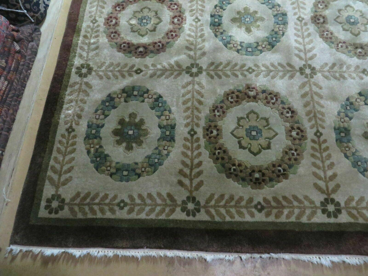 9' X 12' Modern Handmade Indo Lahore Wool Rug Art Deco Olive Ivory Nice Wow
