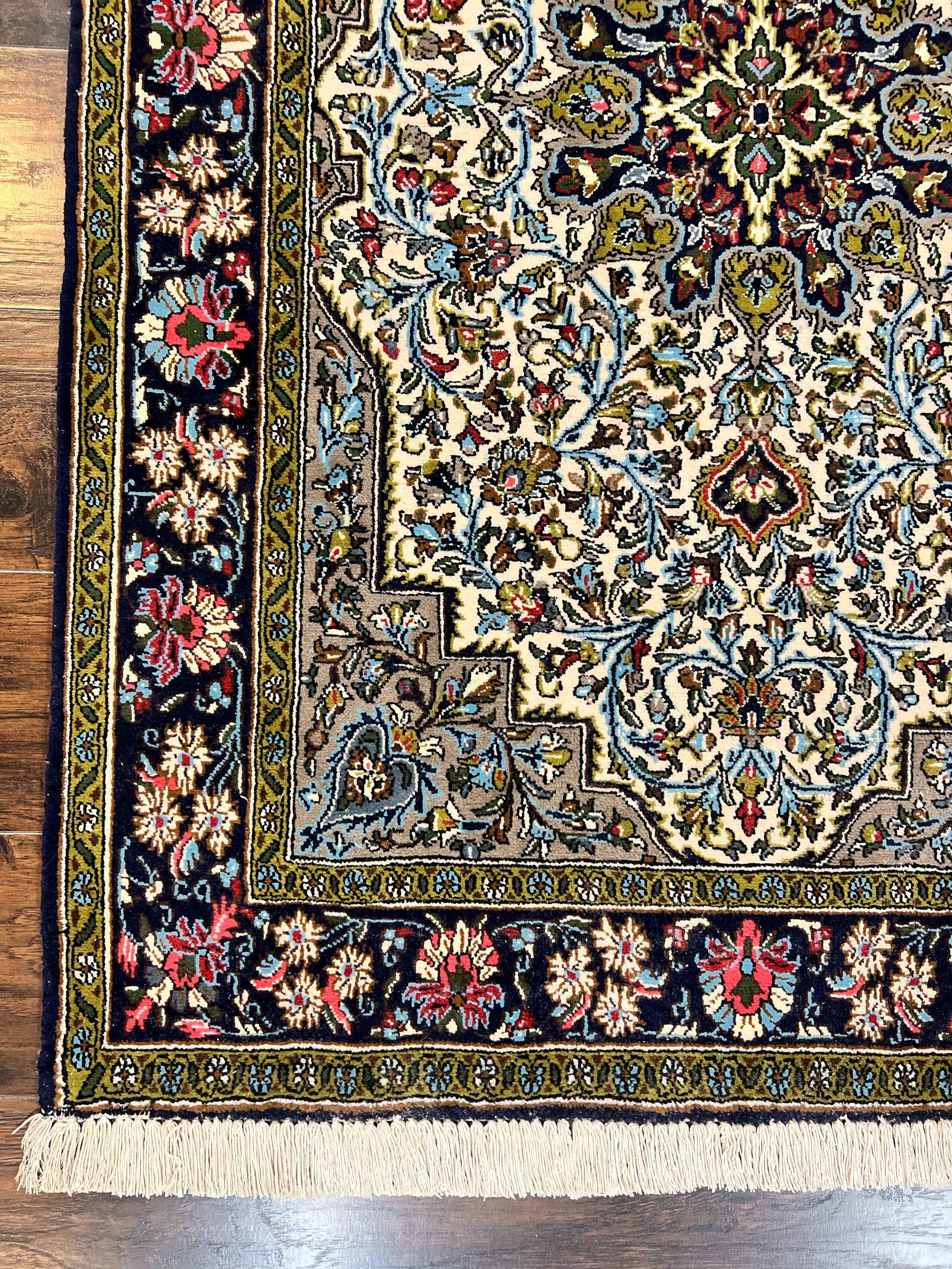 Persian Qum Rug 3x5, Wool with Silk Highlights, Handmade Semi Antique Carpet, Ivory & Navy Blue, Floral Medallion, Finely Hand Knotted - Nuvé
