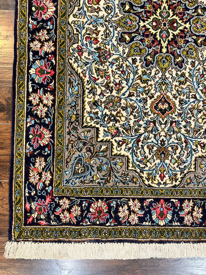 Persian Qum Rug 3x5, Wool with Silk Highlights, Handmade Semi Antique Carpet, Ivory & Navy Blue, Floral Medallion, Finely Hand Knotted - Nuvé