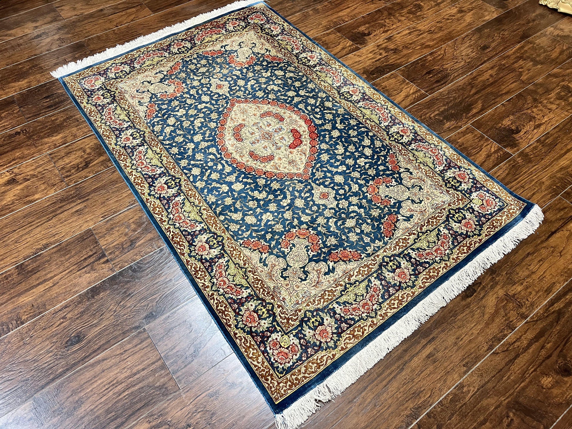 Magnificent Persian Qum Silk Rug 3x5, Blue, Super Fine 675 KPSI - 70 Raj, Floral Roses, Handmade Vintage Silk Carpet, Masterpiece - Nuvé