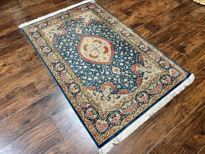 Magnificent Persian Qum Silk Rug 3x5, Blue, Super Fine 675 KPSI - 70 Raj, Floral Roses, Handmade Vintage Silk Carpet, Masterpiece - Nuvé