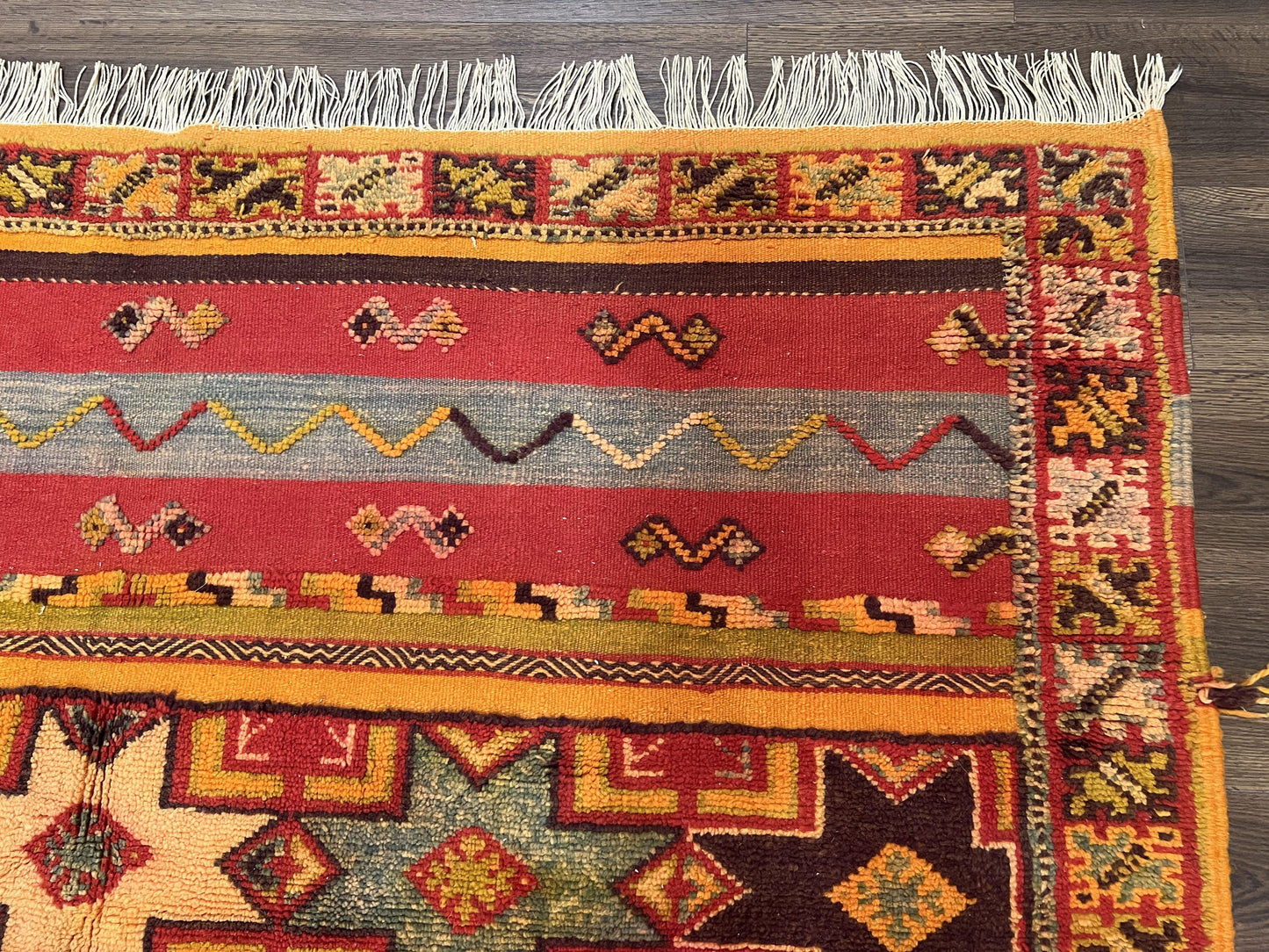 Unique Moroccan Rug 7x10, Room Sized Carpet, Red Orange Gray, Wool Oriental Striped Geometric Tribal Boho Rug, Flatweave with Raised Pile - Nuvé