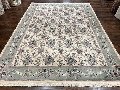 Belgium Power Loomed Rug 8x11, Ivory and Green, Wool Carpet, Floral - Nuvé