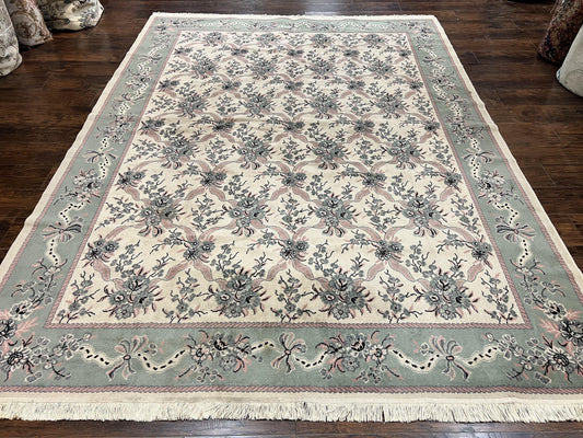 Belgium Power Loomed Rug 8x11, Ivory and Green, Wool Carpet, Floral - Nuvé