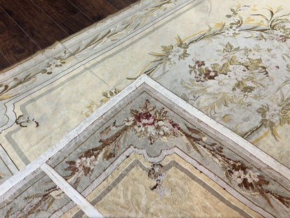 Needlepoint Rug 6x9, Elegant European Design Aubusson Carpet, Vintage Wool Handmade Rug, Light Yellow Ivory - Nuvé