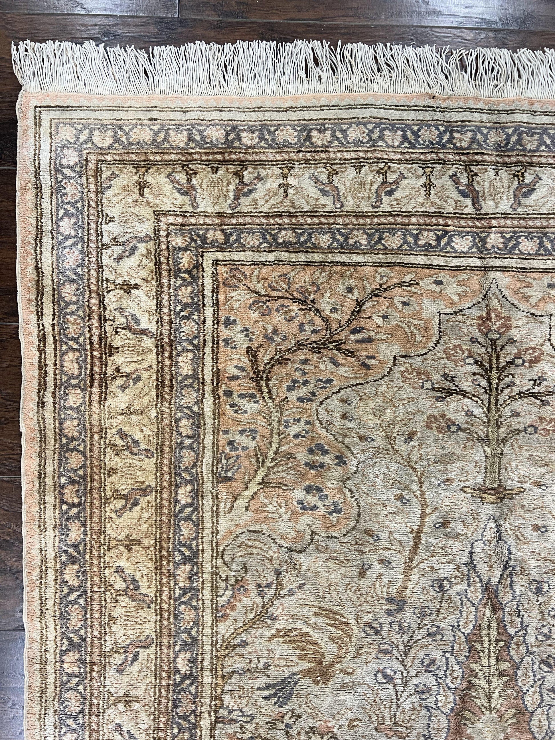 Turkish Kayseri Silk Rug 4x6, Tree of Life Pattern, Vintage Handmade Hand Knotted Carpet, Animal Pictorials, Birds - Nuvé