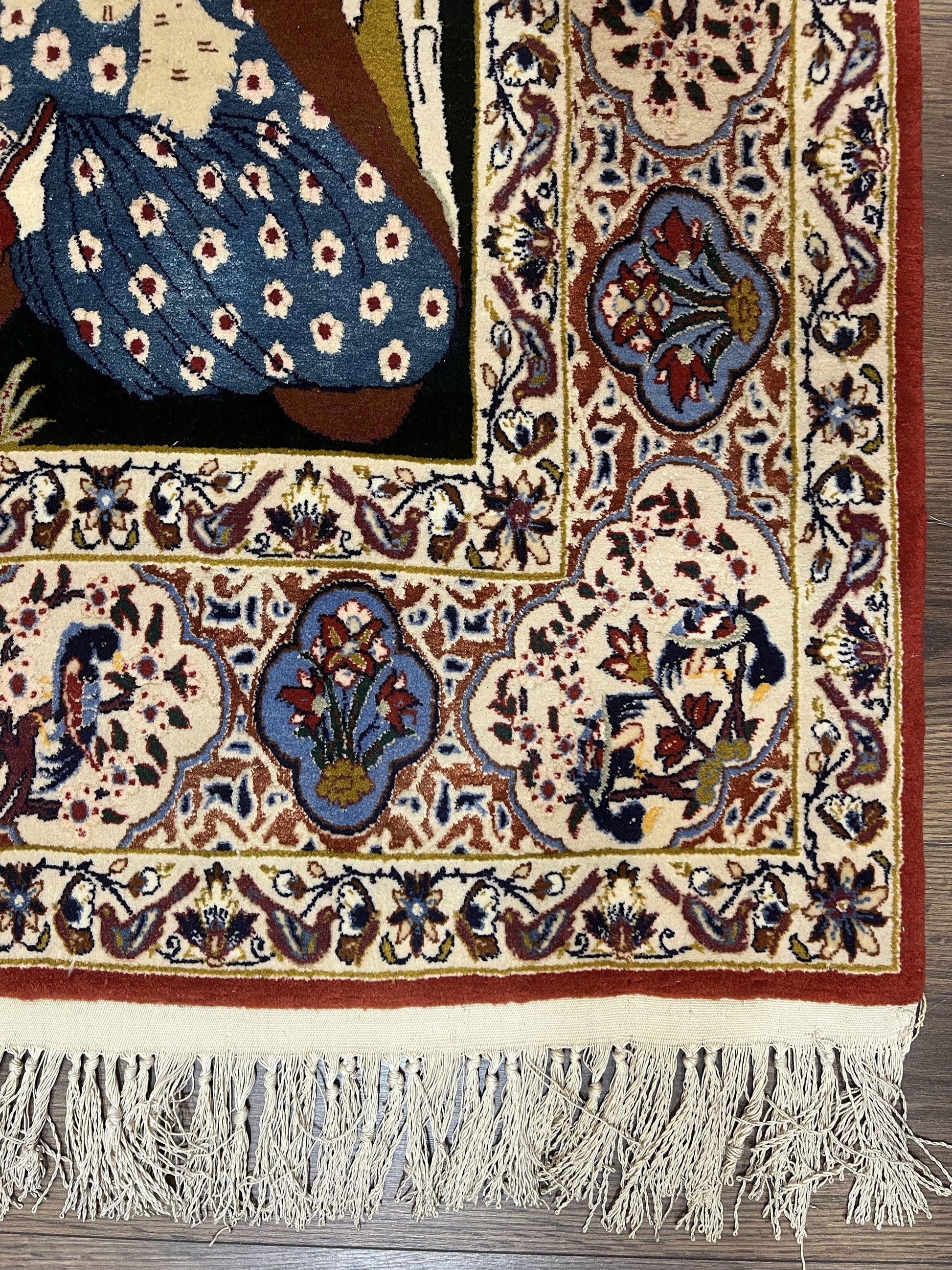 Persian Pictorial Rug 5 x 4 ft, Persian Isfahan Rug, Kork Wool on Silk Foundation, Signature from Master Weaver, Drums and Musical Instruments, Birds, Detailed - Nuvé