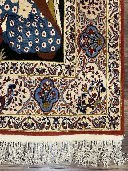 Persian Pictorial Rug 5 x 4 ft, Persian Isfahan Rug, Kork Wool on Silk Foundation, Signature from Master Weaver, Drums and Musical Instruments, Birds, Detailed - Nuvé